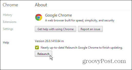 Google Chromen tiedot -sivulta - Päivitä ja käynnistä uudelleen