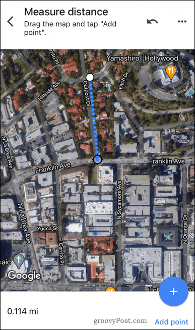 Kahden pisteen välinen etäisyys Google Maps -mobiilisovelluksessa