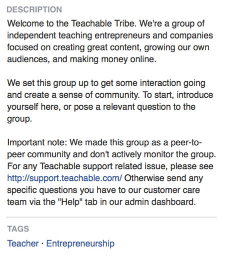 Teachable toteaa Facebook-ryhmän kuvauksessa suoraan, että sen Facebook-ryhmä on yhteisön luominen.