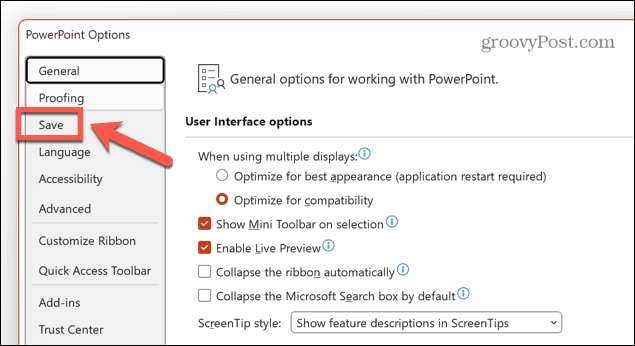 powerpointin tallennusvalikko