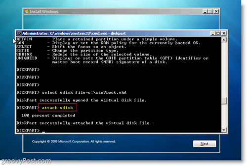 Windows 7 Native VHD -asennus Dual Boot Attach VHD CMD -kehotteesta
