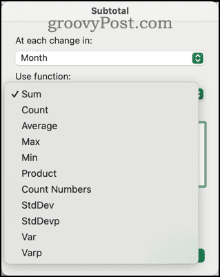Erilaisia ​​toimintoja saatavilla Excelin Välisumma-valintaikkunassa