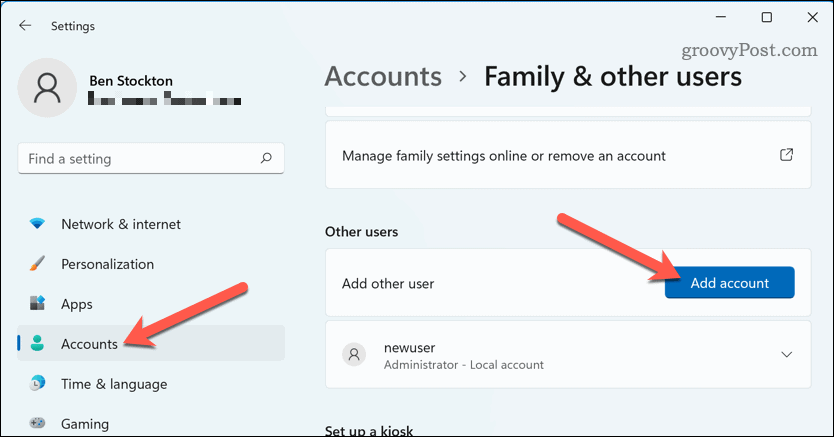 Lisää uusi tili Windows 11:ssä