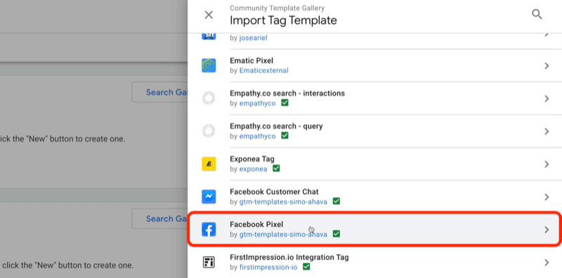 google tag manager -yhteisömalligalleria tuo tagimallivalikko, jossa on esimerkkimalleja ematic pixelistä, exponea-tagista, facebook-asiakaskeskustelusta, mm. korostettuna facebook pixel