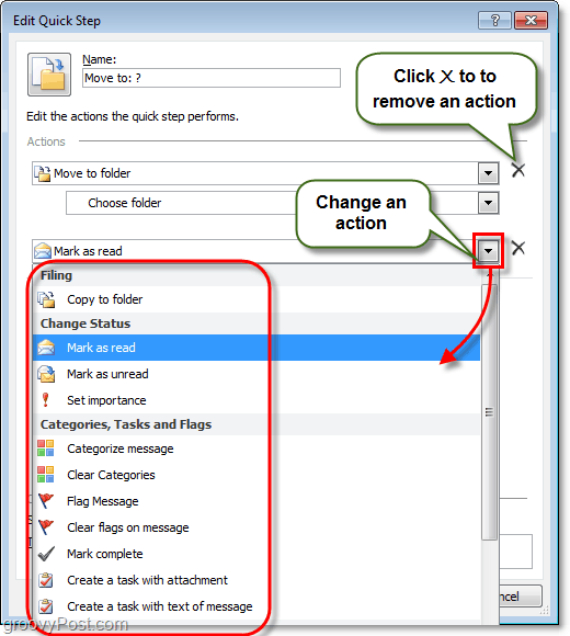 poista Quick Step Actions Outlook 2010