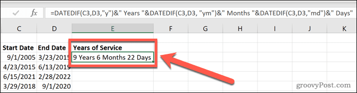 Excel päivätty palveluvuosien kuukausien ja päivien mukaan