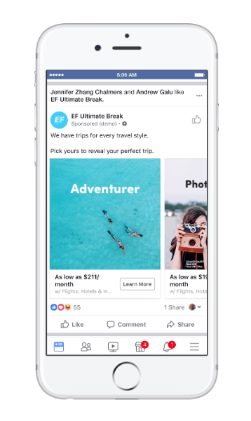 Facebook julkaisi uudentyyppisen matkamainoksen, nimeltään matkan harkinta.