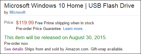 Ennakkotilaa Windows 10 Retail USB -muistitikku Amazonilta
