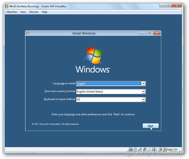 VirtualBox Windows 8 -asennusvalikko