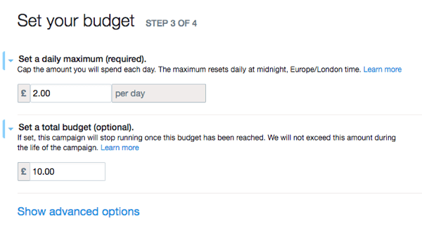 Määritä Twitter-mainoksesi budjetti.