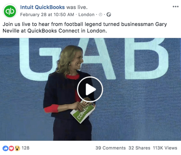 Esimerkki Facebook-viestistä, jossa ilmoitetaan tulevasta live-videosta Intuit Quickooksilta.