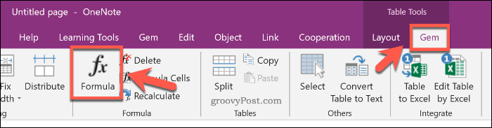 Excel-kaavan lisääminen OneTote -sovelluksen Gem for OneNote -laajennuksella