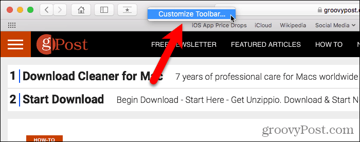 Valitse Mukauta työkalurivi Safari for Mac -sovelluksessa