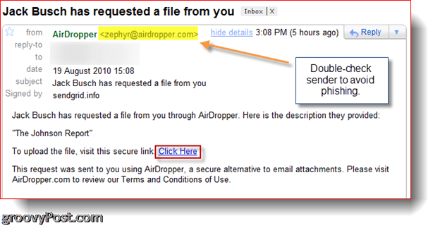 AirDropper Dropbox - sähköpostitietoja pyytävä tiedosto