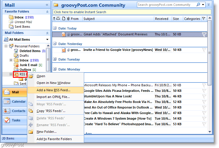 Näyttökuva Microsoft Outlook 2007 Lisää uusi RSS-syöte