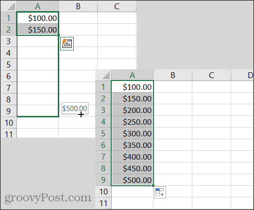 Excelin automaattisen täytön valuuttakuvio