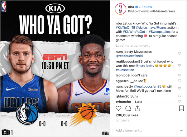 NBA aloitti sponsorin Kia Motorsin kanssa antaakseen peliliput kauden alussa Instagramissa.