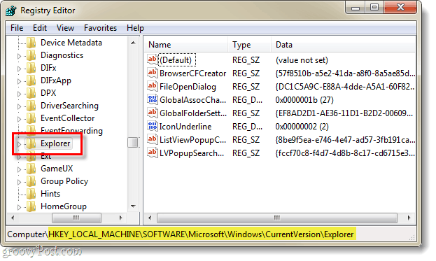 etsi nykyisen explorer-version rekisteröintiavain Windows 7 -rekisteristä