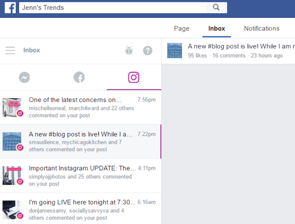 Avaa työpöydällä Facebook-sivun postilaatikko ja napsauta Instagram-välilehteä nähdäksesi kommenttisi viesteistäsi.