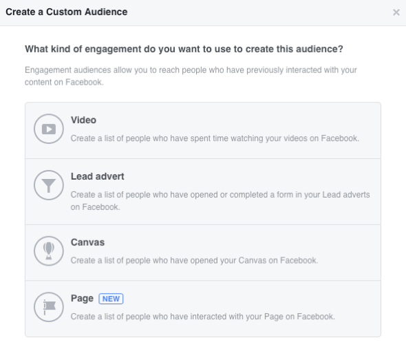 Facebook antaa sinun luoda neljä sitouttamiseen perustuvaa mukautettua yleisöä.