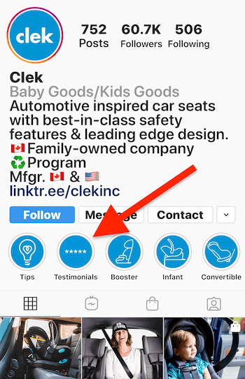 Instagram Stories korostaa suositusten albumia Clek-yritysprofiilissa