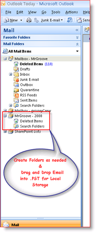 Outlook 2007 -laatikko näyttää .PST-henkilökohtaisen tiedoston navigointiruudussa:: groovyPost.com