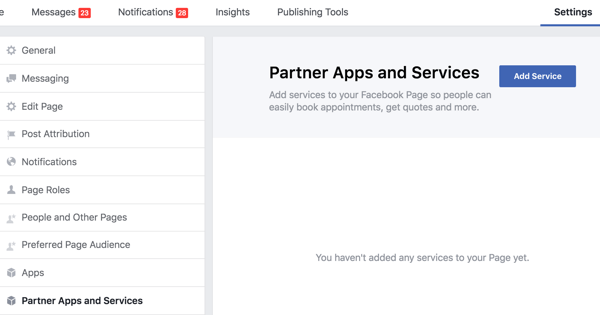 Napsauta Partner-sovellukset ja palvelut Facebook-sivun asetuksissa.