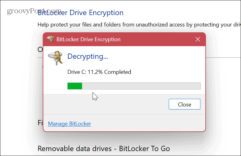Poista BitLocker käytöstä tai keskeytä se 
