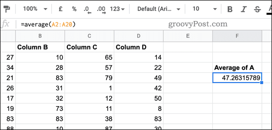 Google Sheetsissa käytetty AVERAGE-funktio