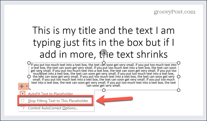 powerpoint lopeta tekstin sovittaminen paikkamerkkiin
