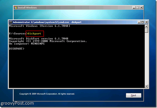 Windows 7 Native VHD -asennus Dual Boot Launch Diskpart 6.1.7048 CMD Prompt -sovelluksesta rakentaa VHD-tiedosto