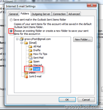 Asenna LÄHETÄ Mail-kansio iMAP-tilille Outlook 2007:: ssä: Valitse Roskakori-kansio