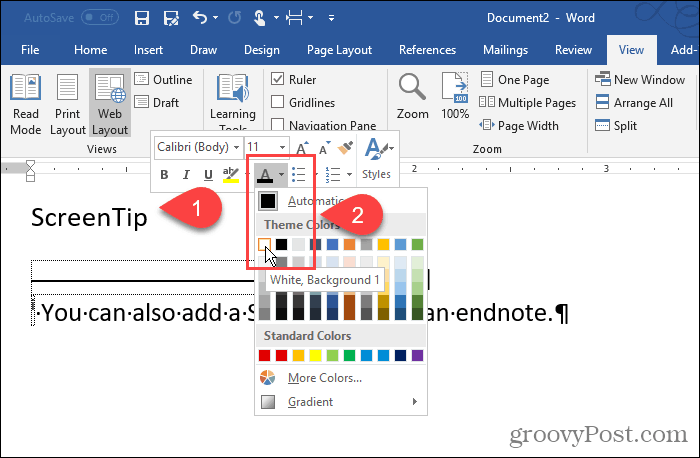 Vaihda päätemerkinnän numeron väri Wordissa