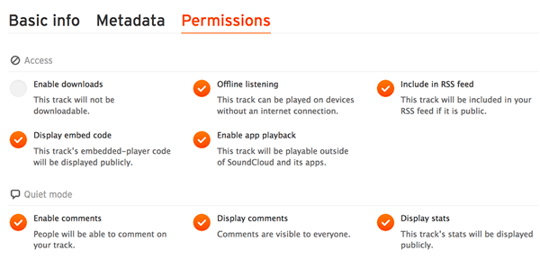Tarkista Käyttöoikeudet-välilehti ja varmista, että äänitiedosto on SoundCloud RSS -syötteessäsi.
