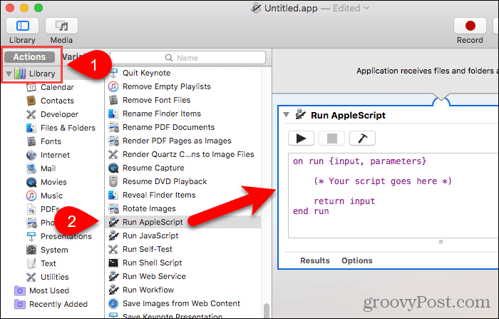 Vedä Suorita AppleScript työnkulkupaneeliin Automatorissa