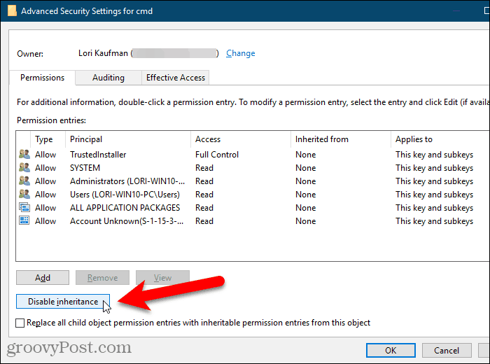 Napsauta Poista periminen käytöstä Windowsin rekisterin Lisäsuojausasetukset-valintaikkunassa