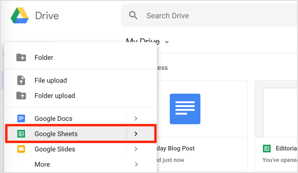 Napsauta Uusi-painiketta vasemmalla ja valitse avattavasta valikosta Google Sheets.