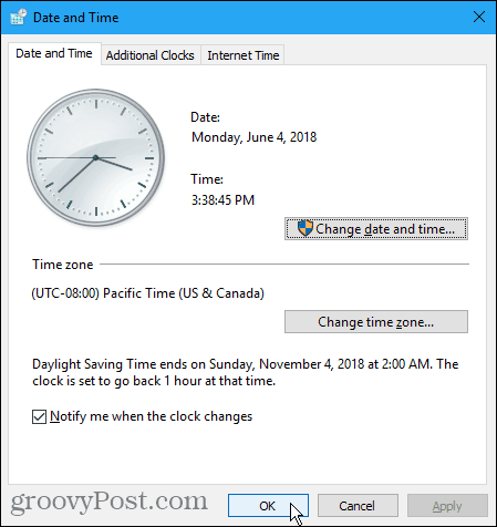 Päivämäärä ja aika -valintaikkuna Windowsissa