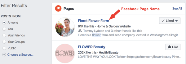 Esimerkki Facebook-sivusta nimeltä Floret Flower Farm hakutuloksissa.