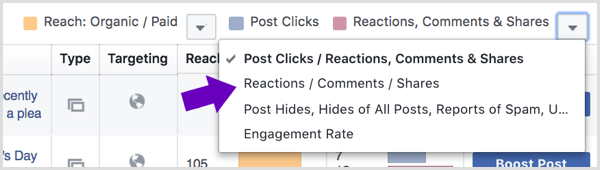 Napsauta nuolta Reaktiot, kommentit ja jakot -kohdan vieressä Facebook-sivun oivalluksissa.
