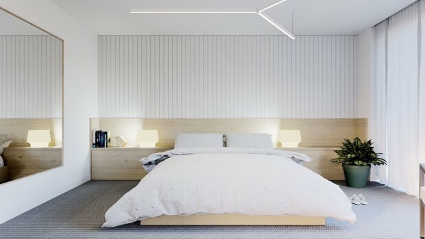 minimalistinen makuuhuoneen sisustus