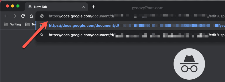 Google-dokumenttien jakamislinkin liittäminen Google Chromen incognito-ikkunan osoitepalkkiin
