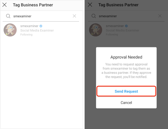 lähetä hyväksymispyyntö liikekumppanille Instagramissa
