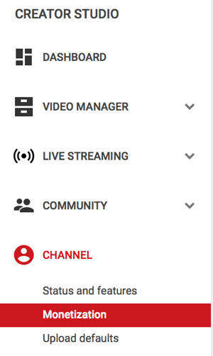 kaupallistamisvalikkovaihtoehto YouTube-kanavan alla