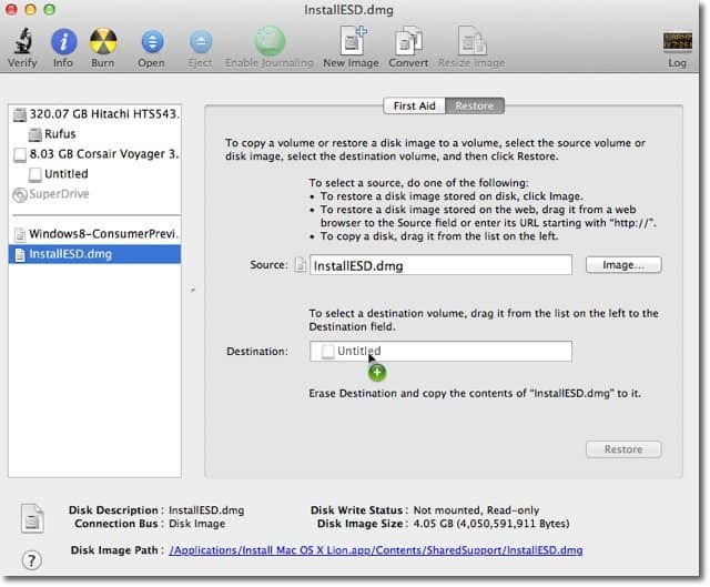 Apple OS X Lion: Käynnistettävän levykuvan luominen