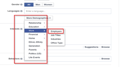 facebook-mainoksen työpaikalle kohdistusvaihtoehdot