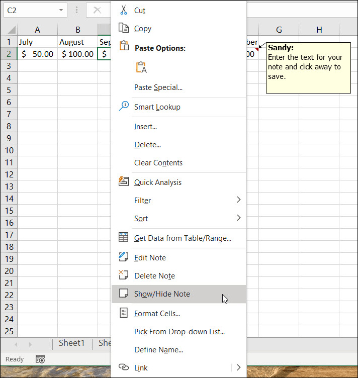 Näytä tai piilota muistiinpanot Excelissä
