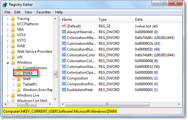 avaa dwm-rekisteriavain Windows 7: ssä
