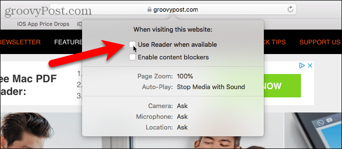 Poista käytöstä Readerin käyttö, kun se on saatavana Safari for Mac -sovellukseen
