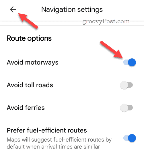 Asetus välttää aina moottoriteitä Google Mapsissa